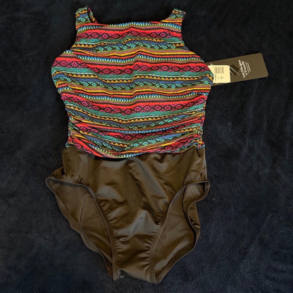 Miraclesuit Womens Tribal Print High Neck One Piece Swimsuit Multi Color Size 14